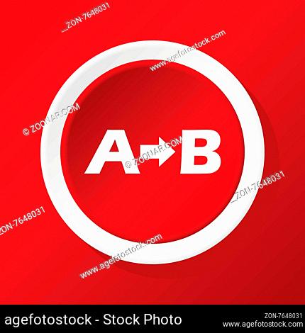 Round white icon with letters A and B and arrow between, on red background