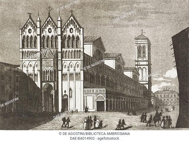 Facade of Ferrara Cathedral, dedicated to St George the Martyr, Emilia Romagna, Italy, engraving from L'album, giornale letterario e di belle arti, December 8