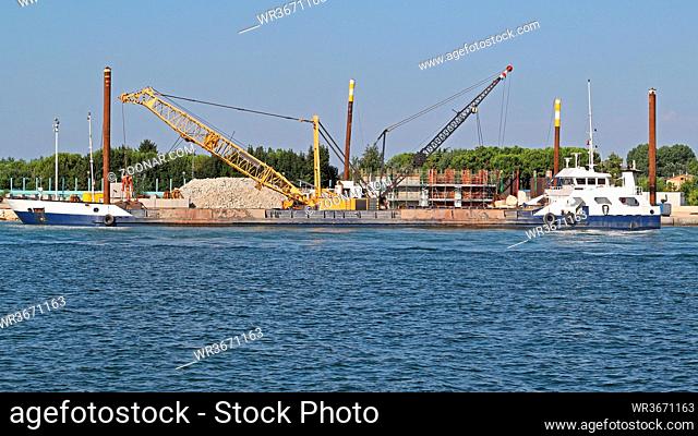 Construction Barge Building Seawall Project Flood Protection Lagoon in Venice