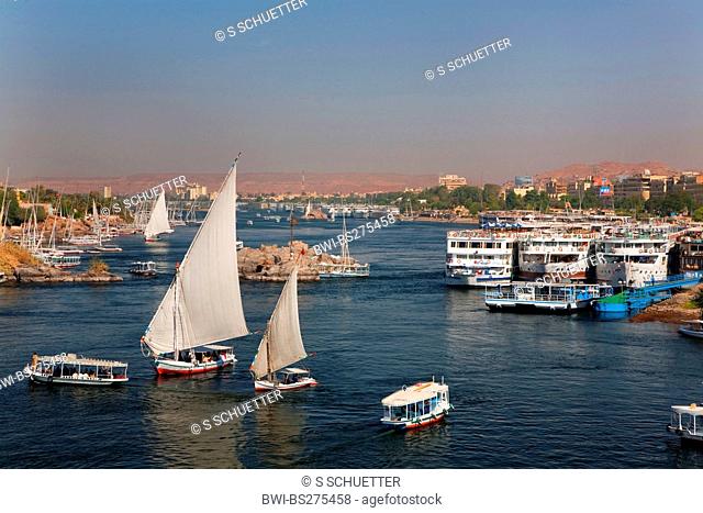 view from Ferial Garden to Nile with feluccas and river cruise ships, Egypt, Assuan