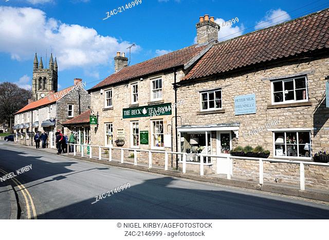 Shops along Castlegate in the market town of Helmsley North Yorkshire England UK
