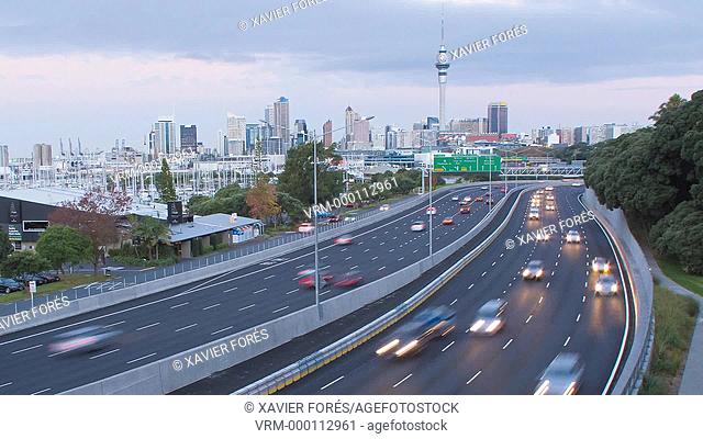 Skyline of Auckland showing the Sky tower, Auckland, North Island, New Zealand