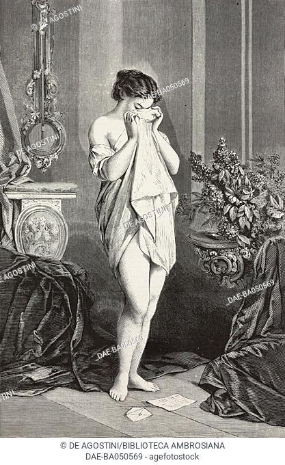Stormy day, young woman crying after reading a letter, engraving from a painting by Gustave Henri de Beaumont, illustration from L'Illustration