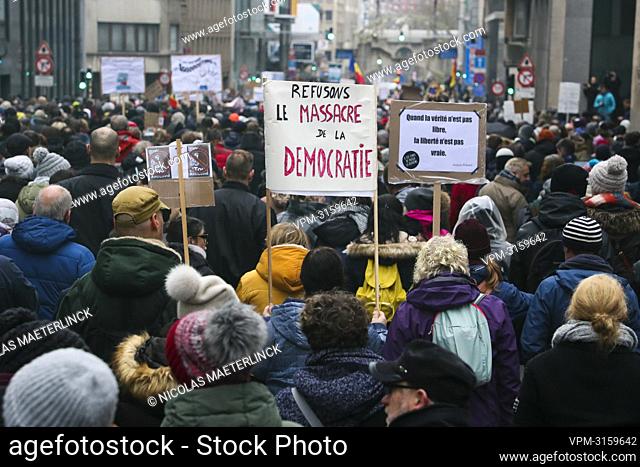 Illustration picture shows a protest against the health pass (Marche pour la Liberte Acte 3 - Mars voor Vrijheid Act 3) and other corona measures, in Brussels
