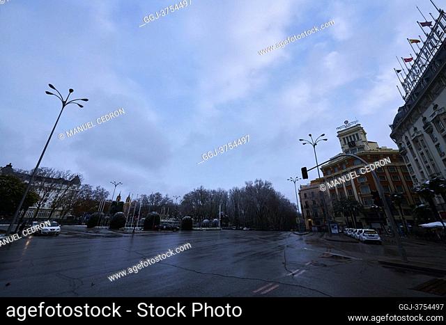 Neptuno square after Storm Filomena brought intense snow on January 7, 2021 in Madrid, Spain. Madrid and part of Spain were blanketed in snow today as inclement...