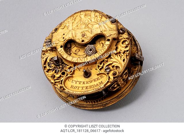 Cornelis Uyterweer, Inside pocket watch (without case) with pictured and written THE LAND EUROPE, pocket watch watch movement measuring instrument gold brass...