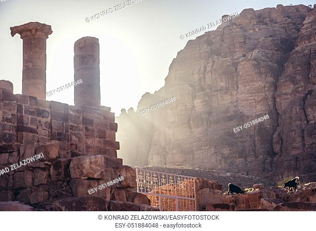 Ruins of Great Temple in Petra historical city of Nabatean Kingdom in Jordan