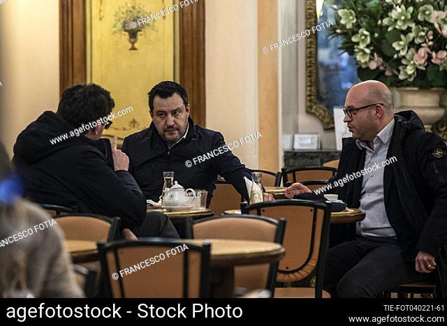 Leader of Lega party Matteo Salvini with Giancarlo Giorgetti during a coffee break at the Giolitti bar , Rome, ITALY-04-02-2021