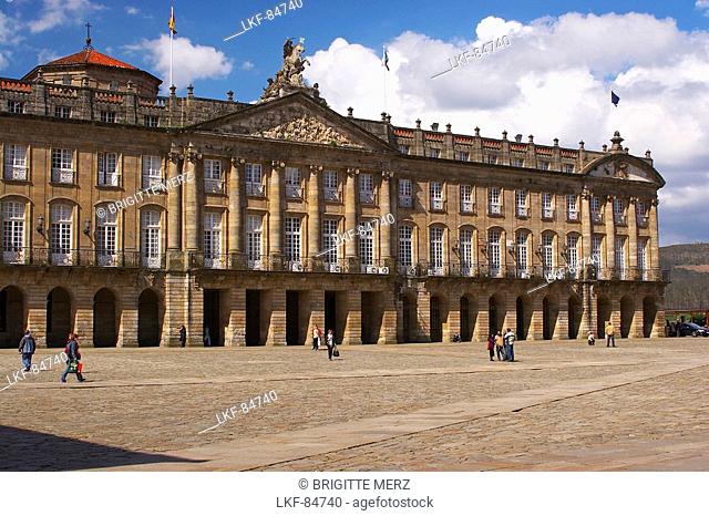 Palace in classicl style with sculpture showing battle of Clavijo in the gable, Pazo de Raxoi, Pazo de Rajoy, Praza do Obradoiro, Santiago de Compostela