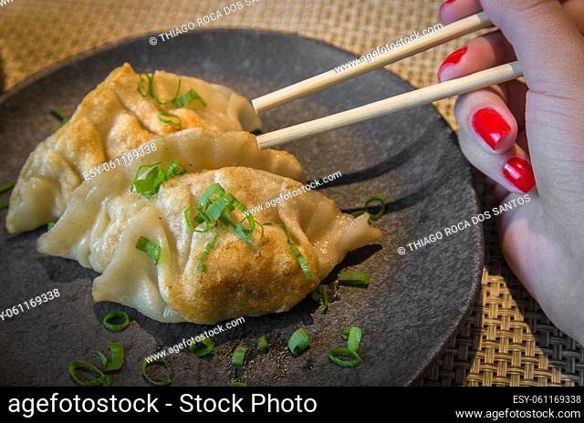 Beautiful gyoza or dumplings snack with soy sauce, selective focus, copy space