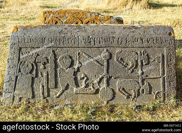 Medieval Khachkars carved memorial stele, peasant stone, Noratus cemetery, Lake Sevan, Gegharkunik province, Armenia, Caucasus, Middle East, Asia
