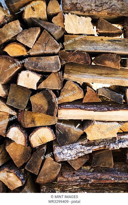 Close up of a stack of firewood logs