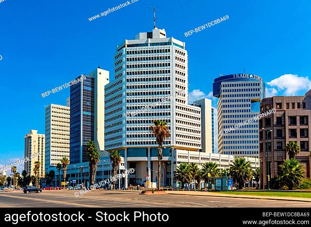 Tel Aviv Yafo, Gush Dan / Israel - 2017/10/11: Panoramic view of downtown Tel Aviv at Mediterranean coast with business district along Tel Aviv promenade and...