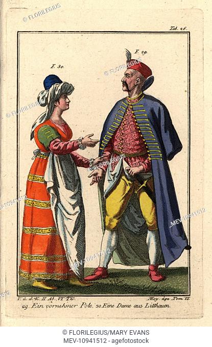 Nobleman of Poland and a woman of Lithuania, 16th century. Handcolored copperplate engraving from Robert von Spalart's Historical Picture of the Costumes of the...