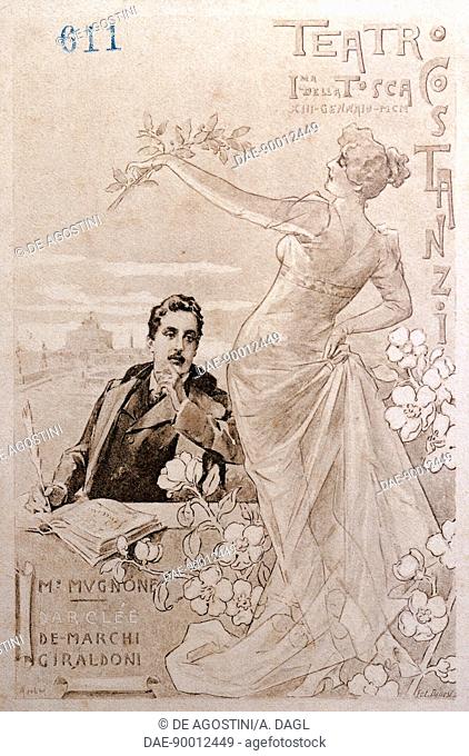 Postcard created on the occasion of the premiere of the opera Tosca, by Giacomo Puccini (1858-1924), performed at the Costanzi Theatre in Rome, January 1900