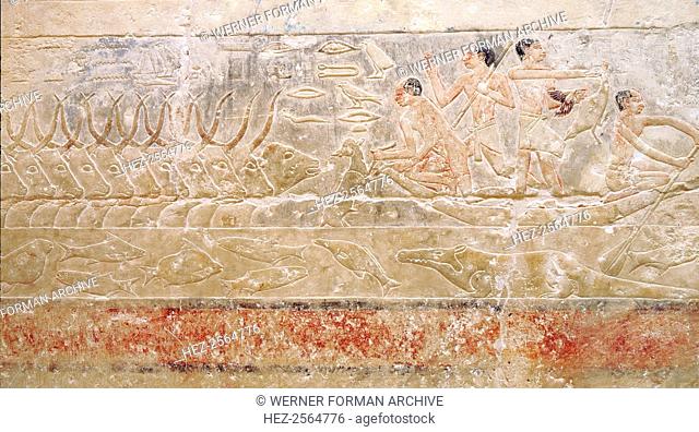 A detail of a relief in the tomb of Princess Sesh-seshet Idut at Saqqara showing herdsman with cattle fording a canal. Country of Origin: Egypt