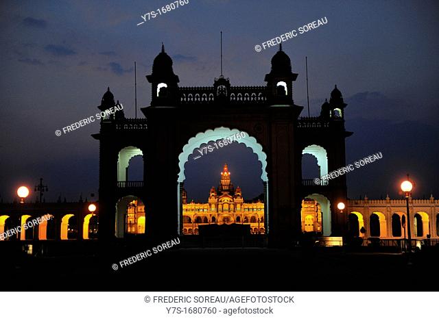 Mysore palace in Karnataka illuminated at night, South India, Asia