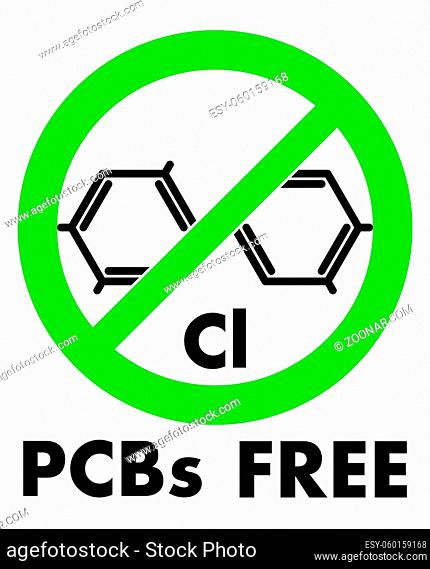 PCBs free icon. Polychlorinated biphenyls chemical molecule and letters Cl (chemical symbol for Chlorine) in green crossed circle, with text under