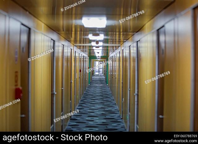 Moscow, Russia - September 11, 2021: Inside the cruise ship Felix Dzerzhinsky. Corridor with cabins for passengers