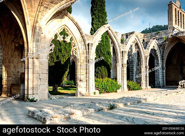 Ancient columns at Famous Bellapais abbey at Kerynia district in Northern Cyprus