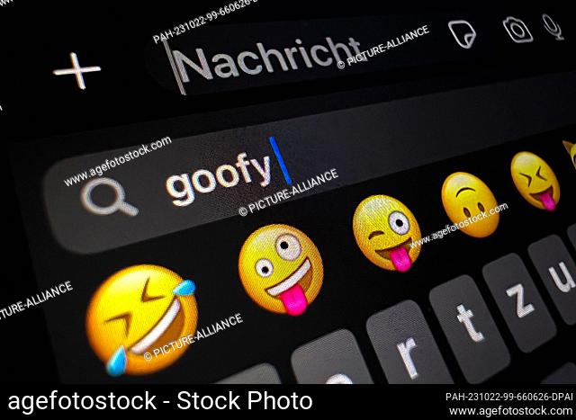 ILLUSTRATION - 25 September 2023, Berlin: On the display of a smartphone, the word ""goofy"" can be read in the search field for smileys