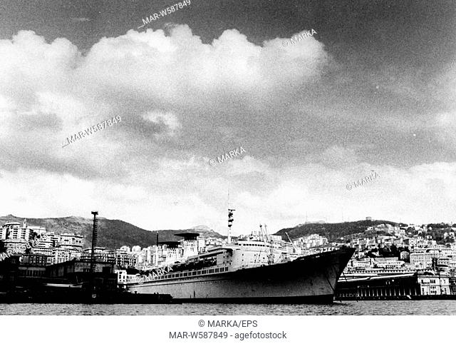 raffaello transatlantic ship in genoa harbour, 1975