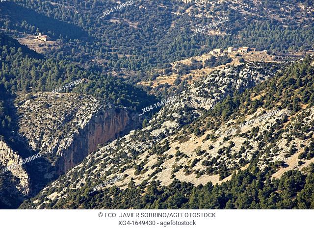 View of the hermitage of San Bartolome in Vistabella Maestrat and Montlleó River Basin from Bald Rock - Culla - Alt Maestrat - Province - Andalusia - Spain -...