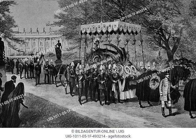 Funeral cortege of emperor frederick iii, frederick william nicholas charles of prussia, 1831-1888, woodcut, historical engraving, 1882