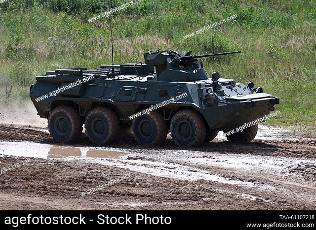 RUSSIA, MOSCOW - AUGUST 16, 2023: A BTR-82A armoured personnel carrier takes part in a dynamic display of weaponry and military hardware as part of the Army...