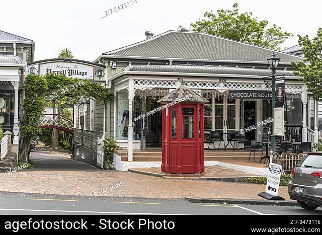 AUCKLAND, NEW ZEALAND - November 06 2019: cityscape with traditional red cabin at picturesque Parnell neighborhood, shot in bright late spring light on november...