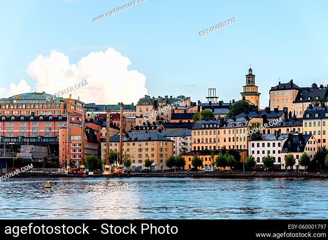 Stockholm, Sweden - August 8, 2019: Waterfront view Ugglan quarter in Stockholm, Sweden