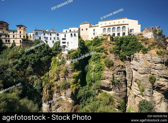 The Tajo De Ronda Is A Gorge Carved By The Guadalevin River, On Which The Town Of Ronda, Province Of Malaga, Spain
