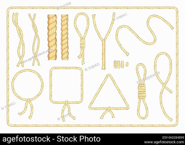 Collection of ropes. Curved nautical ropes with knots vector template. Round, trinagle and square rope frames, cord borders and other shapes