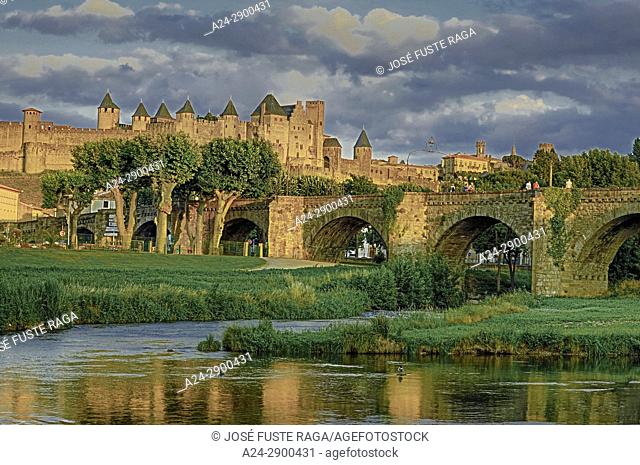 France, Aude region, Carcassonne city, la cite, medieval fortress, W. H. , sunset, skyline,