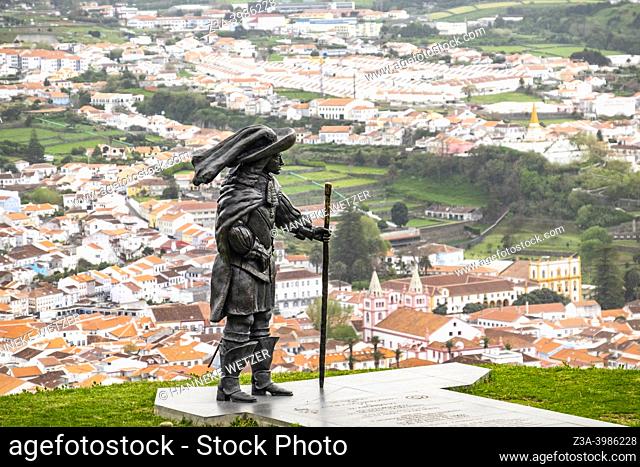 Anga de Heroismo, Terceira Island, Azores, Portugal: Monte Brasil. The statue of D. Afonso VI at the Fortress of São João Baptista do Monte Brasil with a view...