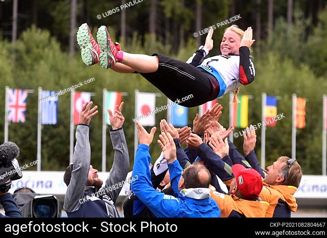 Marketa Davidova (Czech) celebrates silver medal after the IBU Summer Biathlon World Championships, women’s 6km sprint competition, on August 28, 2021