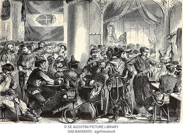 Garibaldines, Bersaglieri and soldiers at Caffe Europa, September 1860, Naples, Italy, Expedition of the Thousand, illustration from L'Illustration