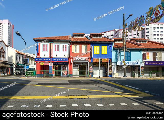 Singapore Street view of Little India at sunny day with tourist shops in Little India