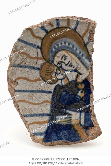 Fragment polychrome majolica dish with Mary and Christ Child, dish plate board plate soil find ceramic earthenware glaze tin glaze lead glaze, ring 11