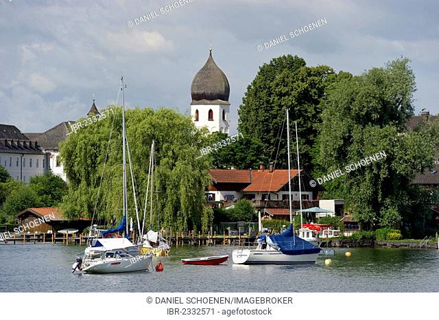 The island Frauenchiemsee or Fraueninsel, Chiemsee Lake, Chiemgau region, Bavaria, Germany, Europe