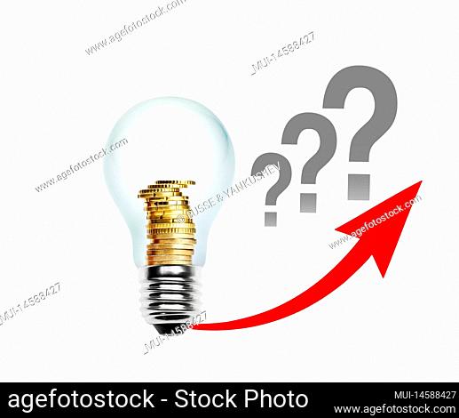 Light bulb with red arrow pointing upwards