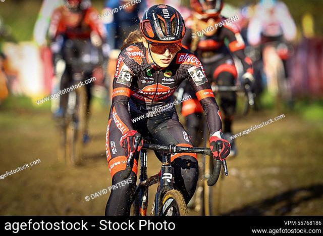 Belgian Fleur Moors pictured in action during the men's elite race of the World Cup cyclocross cycling event in Dublin, Ireland