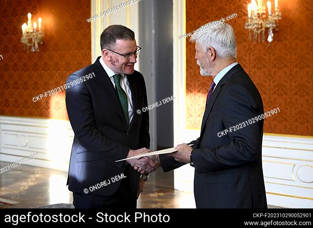 Czech President Petr Pavel (right) receives credentials from the new ambassadors of Slovakia, Canada, Ireland and Ghana at Prague Castle, the presidential seat