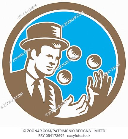 Illustration of a juggler juggling balls wearing top hat set inside circle on isolated background done in retro woodcut style