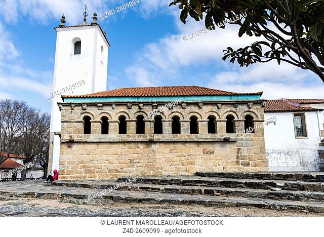 The Ancient Domus Municipalis of Braganca and Church of Santa Maria do Castelo in the background. Braganca, Braganca District, Norte Region, Portugal, Europe