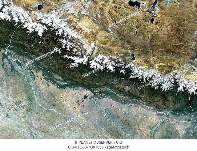 Satellite view of Nepal (with country boundaries). This image was compiled from data acquired by Landsat 8 satellite in 2014