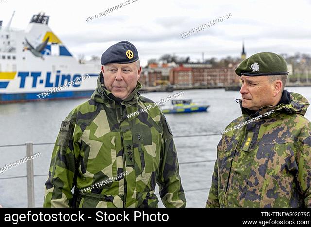 Swedish Lieutenant General Carl Johan Edstrom and Finnish Major General Kari Niisula on board the coastal corvette Helsingborg in the harbor in Oskarshamn