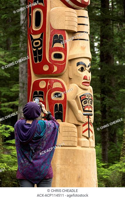 New pole details, by Christian White and apprentices at Hiellen Longhouse Village, Tow Hill, Haida Gwaii, formerly known as Queen Charlotte Islands