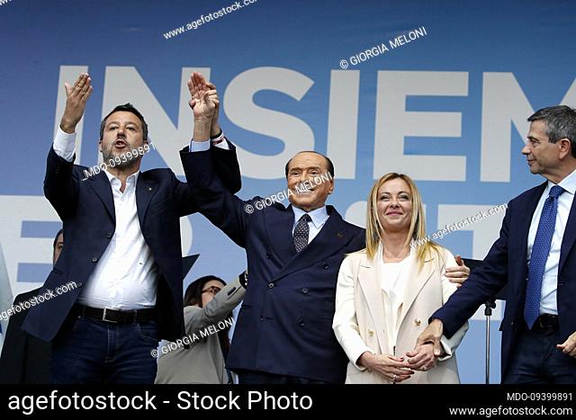 Closing of the center-right election campaign in Piazza del Popolo. In the photo Matteo Salvini, Silvio Berlusconi, Giorgia Meloni and Maurizio Lupi