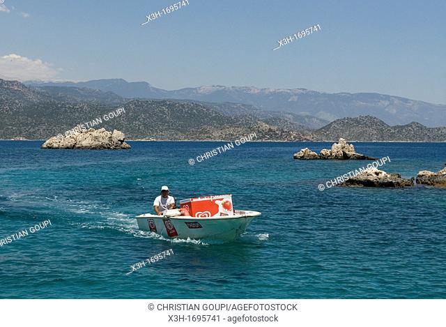 ice-cream vendor with speedboat, Kekova bay, Turkey, Eurasia